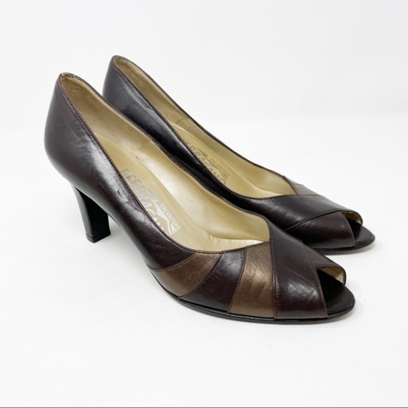 Salvatore Ferragamo Peep Toe Heels Brown 8 - Picture 1 of 10